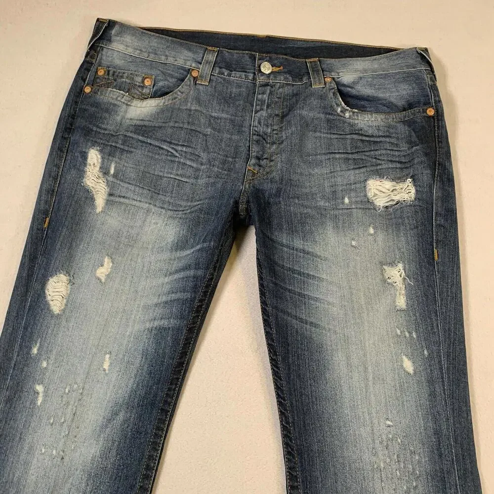 True Religion Jeans Mens 44x32 Blue Slim Straight Medium Wash‎ Stretch Denim